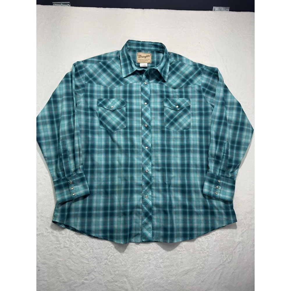 Wrangler Shirt Mens 2XL Blue Plaid Western Pearl Snap Long Sleeve Rodeo Casual